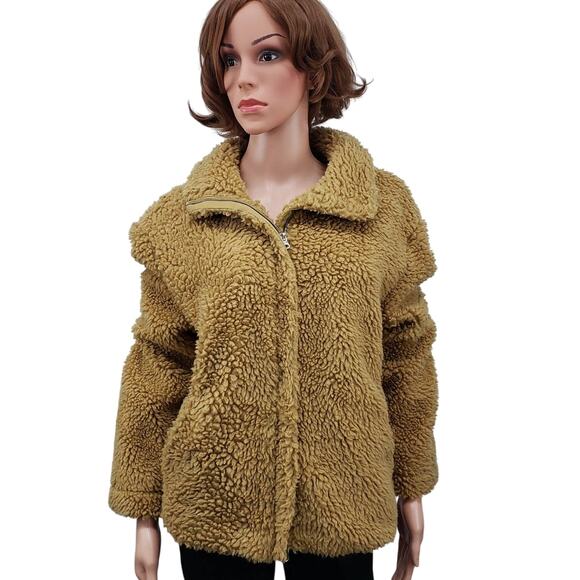 PacSun Teddy Jacket Faux Fur Sherpa Fleece Full zip up Lined Oversized Tan M L - Picture 6 of 10